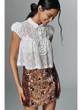 Maeve Cropped Swing Top Short Puff-Sleeves Women's Size S Vanilla White